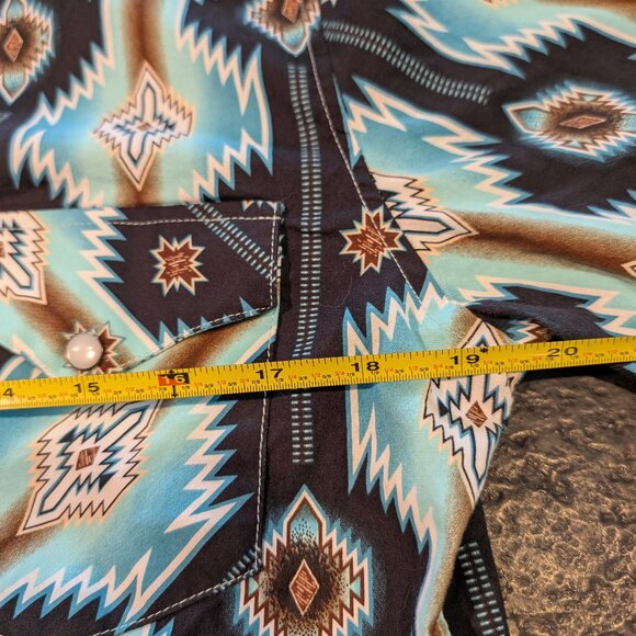 Rock & Roll Denim Shirt Mens Medium Blue Aztec Western Pearl Snap Modern Fit - Picture 8 of 8